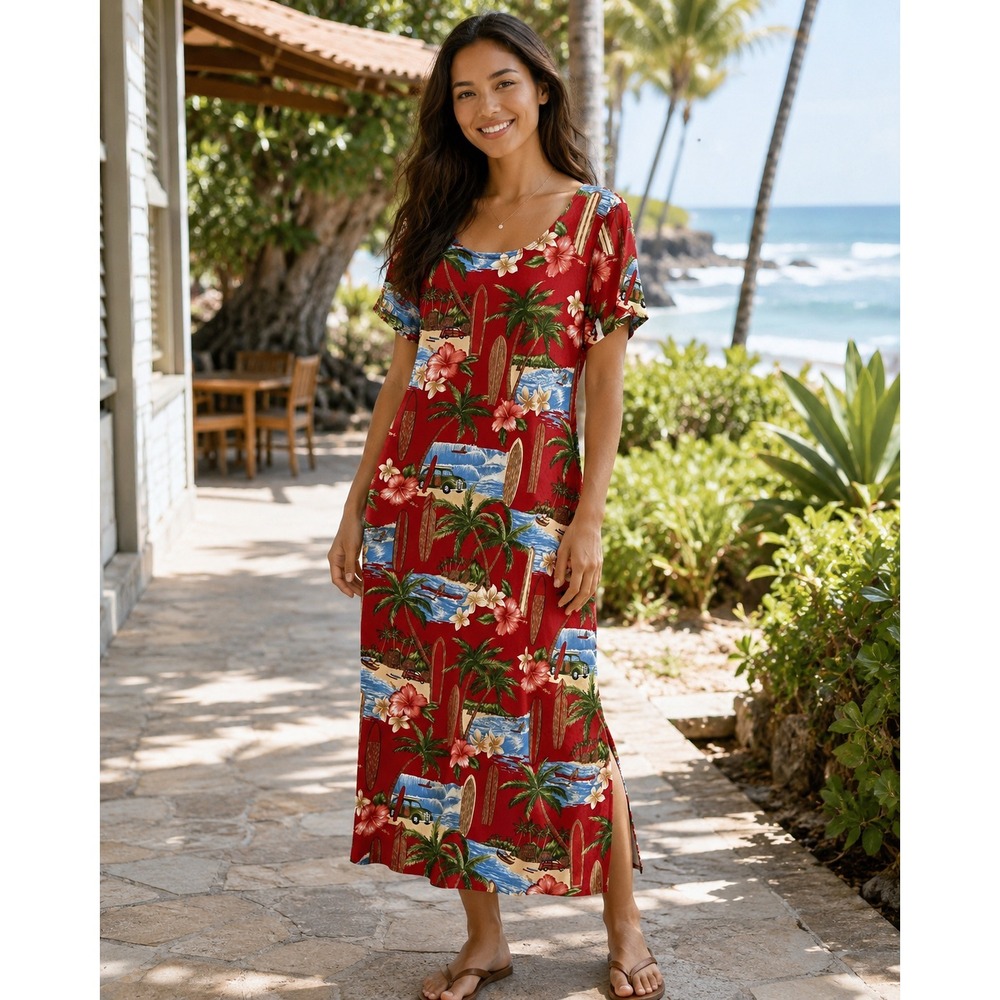 Hilo Hattie Red Tropical Scenic Surfboard Rayon Midi Dress Small Hawaiian Floral